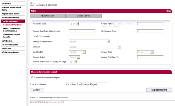 A screenshot of the combined worklist student information export page in SIS.