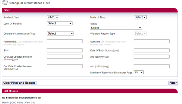 Change of Circumstance filter