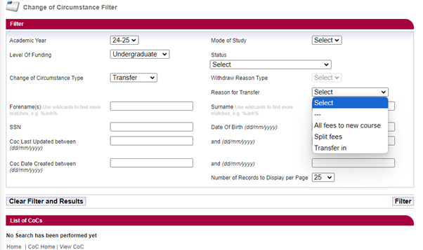 Change of Circumstance reason for transfer